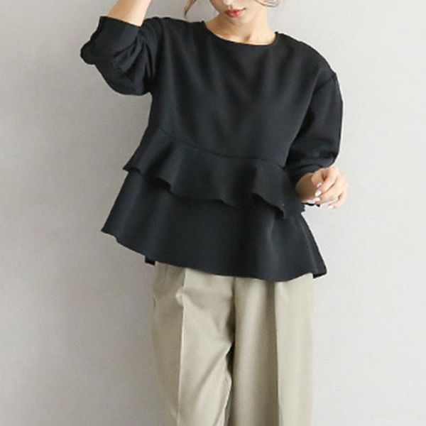 

women's hoodies & sweatshirts women hoodie 2021 spring fall korean fashion solid color round neck ruffles patchwork chic pullovers fema, Black