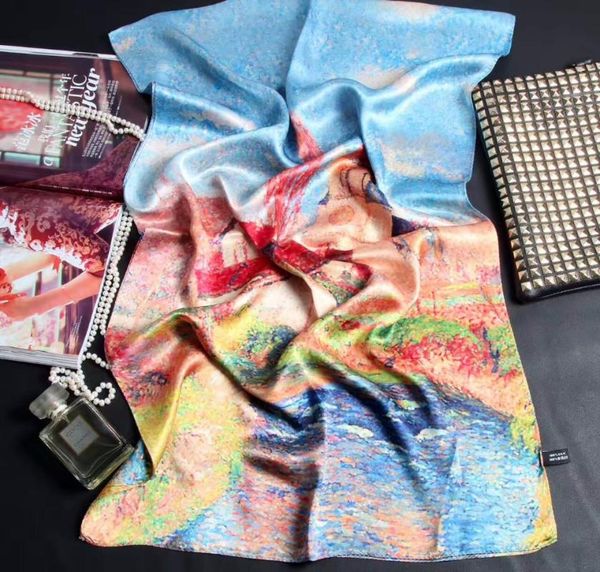 

scarves [slkscf] 180x55cm digital floral print silk satin hijab real shawl female, Blue;gray