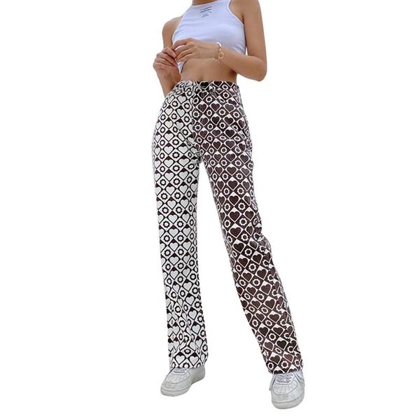 

women's pants & capris women straight-leg with pockets, brown heart and plaid printed pattern high waist trousers, s/ / l, Black;white
