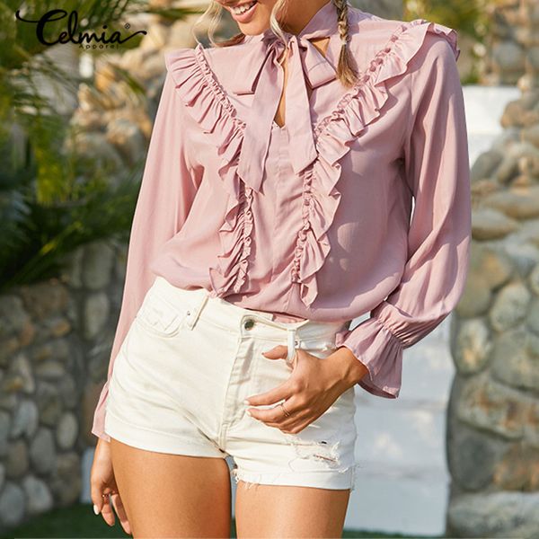 

blouses office lady ruffles blouses celmia elegant long sleeve women casual loose v-neck bow tie blusas fashion solid tunic, White