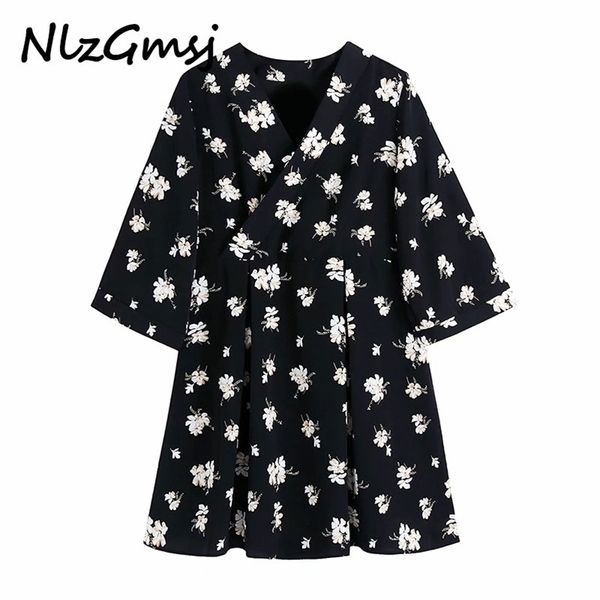 

dres long sleeve mini flower printed v neck slim pleated es 03 210628, Black;gray