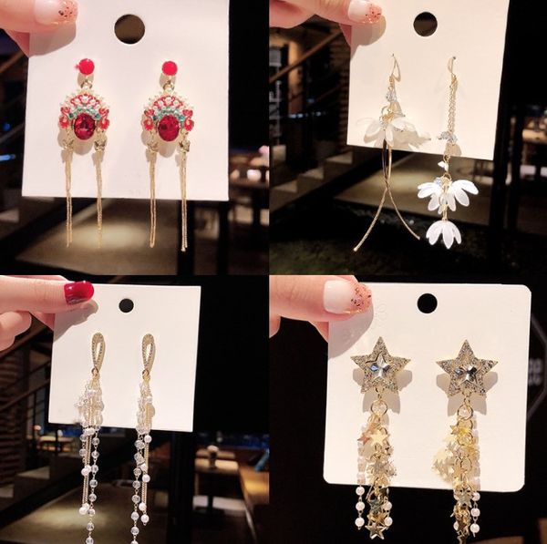 

925 silver needle stud european and american exaggerated retro pearl women's tassel long earrings, Golden;silver