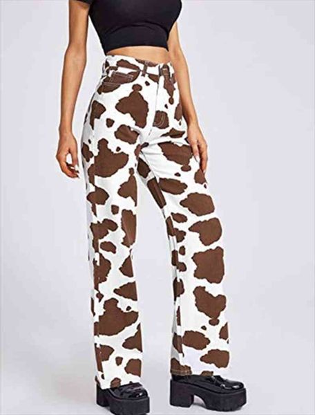 

vintage cow print baggy womens jeans y2k casual high waisted pants loose harajuku 90s black white long trousers ladies, Blue