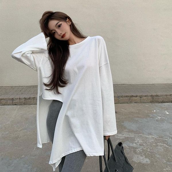 

women's t-shirt 2021 spring autumn korean simple solid color loose thin casual o-neck plus size wild long-sleeved, White