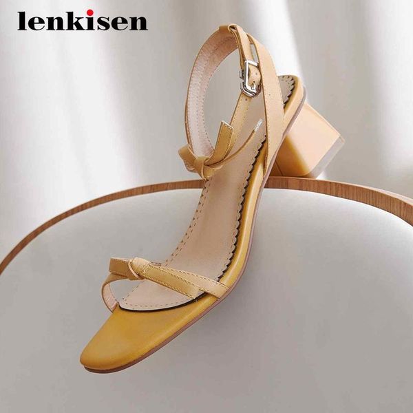 

dress shoes lenkisen butterfly-knot sweet office lady maiden real leather square toe buckle straps med heel summer sandals l33, Black