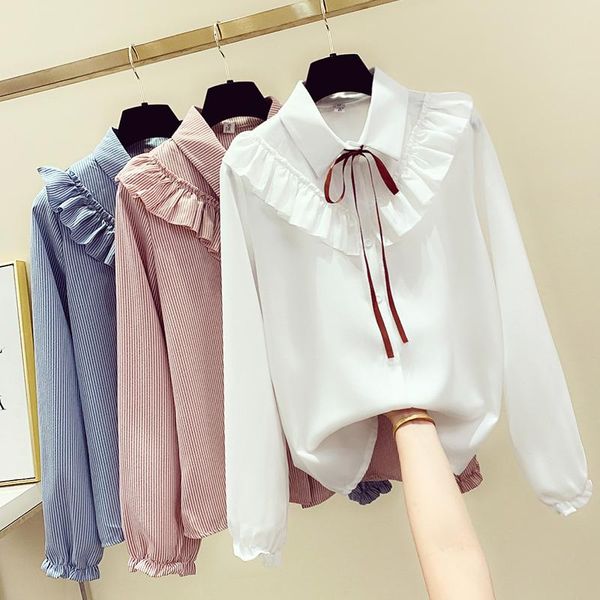 

women casual poncho style blouse and long sleeve bow striped fashion ruffle shirts girls blusa mujer 2021 women's blouses &, White