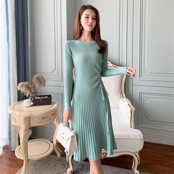 

casual dresses solid autumn winter bodycon dress women knitted drawstring o-neck slim a-line midi female basic maix robe elegant party, Black;gray