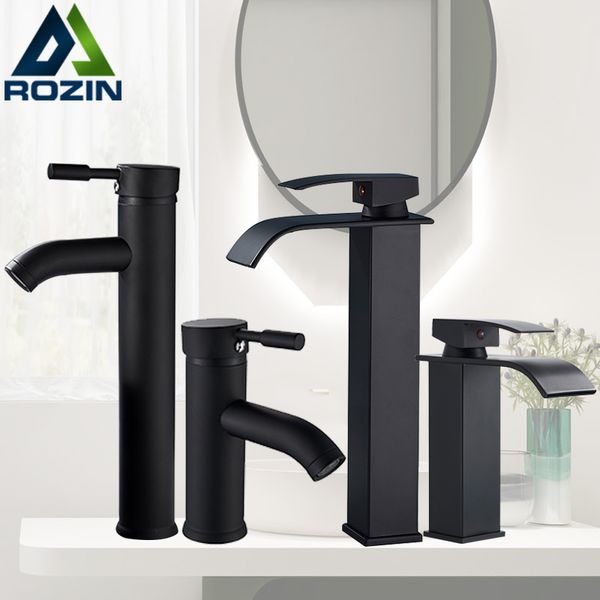 

rozin matte black basin faucet deck mounted single lever bathroom crane waterfall brass bathroom tap cold water mixer taps