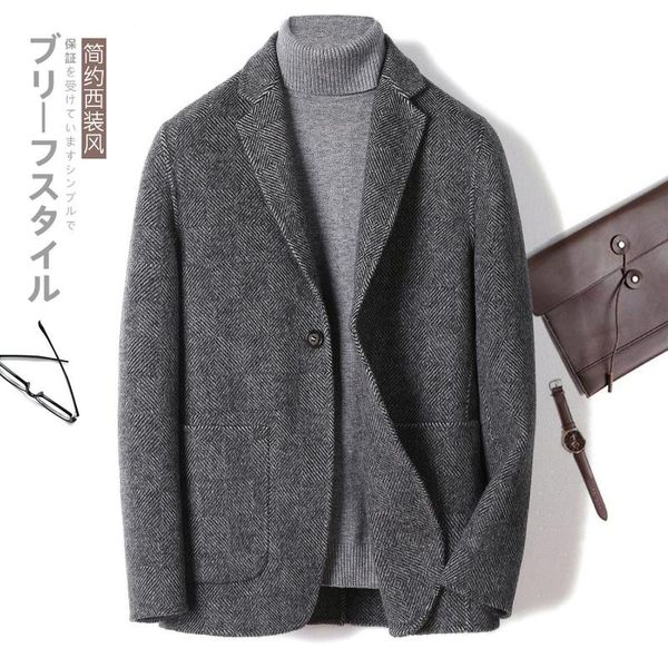 

men's wool & blends albaca suit jacket handmade double-sided coat short alpaca collar cashmere wear, Black