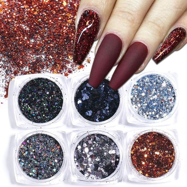 

6pcs nail glitter winter art black silver brown sparkles sequins shinning dust luxury flakes for manicure decor ch1539-331, Silver;gold