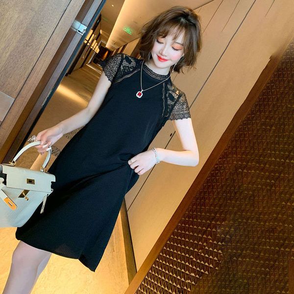 

black lace dress summer fat sister large women's loose and thin temperament small black, Black;gray