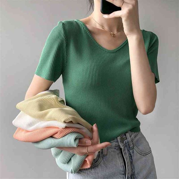 

women's t-shirt summer knitted t shirt short sleeve v-neck cropped soild color for tees blusa j81i, White