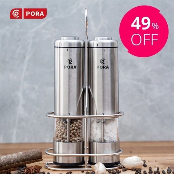 PORA-Electric Spice Mill Pepper Grinder Acciaio inossidabile Automatico Salt and Shaker Utensili da cucina Regalo 220311