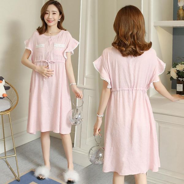 

465# maternity clothes summer short sleeves drawstring loose stylish dress pregnant women pregnancy dresses, White