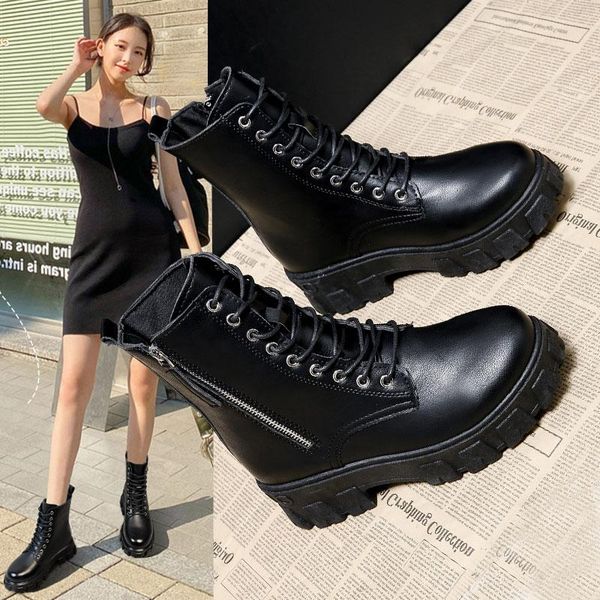 

boots lolita flat heel rock shoes woman boots-women zipper clogs platform round toe winter footwear autumn med 2021 rubber ladie, Black
