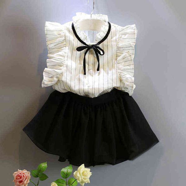 

girls clothes set fashion stripe shirt short skirt set of 2 chiffon kids clothes set g220217, White