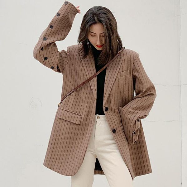 

[ewq] 2021 autumn simple long sleeve thickened woolen striped suit ladies office women blazer coats qv137616 women's suits & bl, White;black