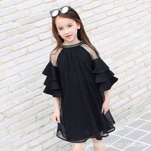 

children's short dress black princess women's middle school children's mesh korean trumpet sleeve skirt, White
