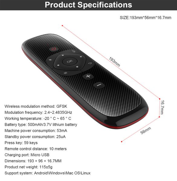 Flying Air Mouse Sprachfernbedienung Mikrofon 2,4 G Wireless Mini Tastatur Gyroskop für Smart Android TV Box W2