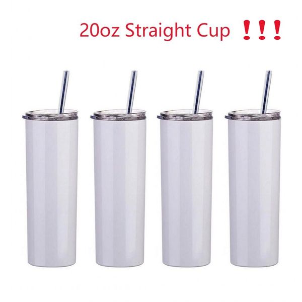 US Warehouse 20oz Sublimação Caneca Embaladores de Tumblers Retos Em Branco Vácuo de Aço Inoxidável Isolado Slim DIY 20 Oz Cup Car Car Canecas Branco (1 Cup + 1 Palha + 1 Tampa)