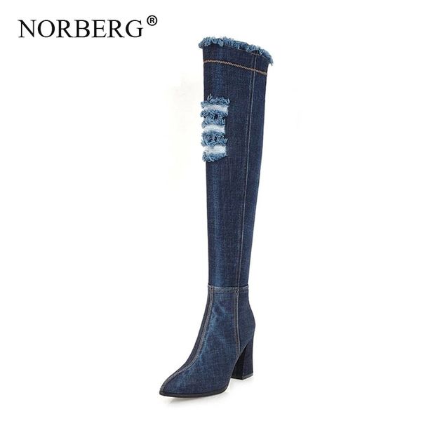 

fashion denim fabric sock boots pointy toe over-the-knee heel thigh high pointed toe woman boot women casual shoes 210507, Black