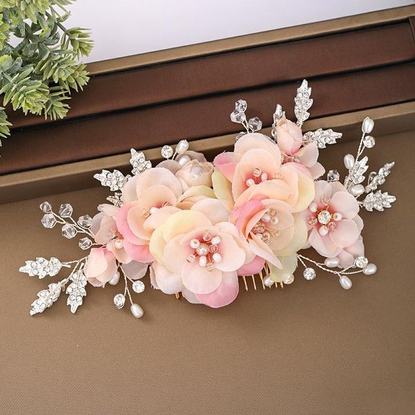 

hair clips & barrettes pink rose flowers tiaras combs bride crystal headband women pearl accessories wedding ornaments jewelry, Golden;silver