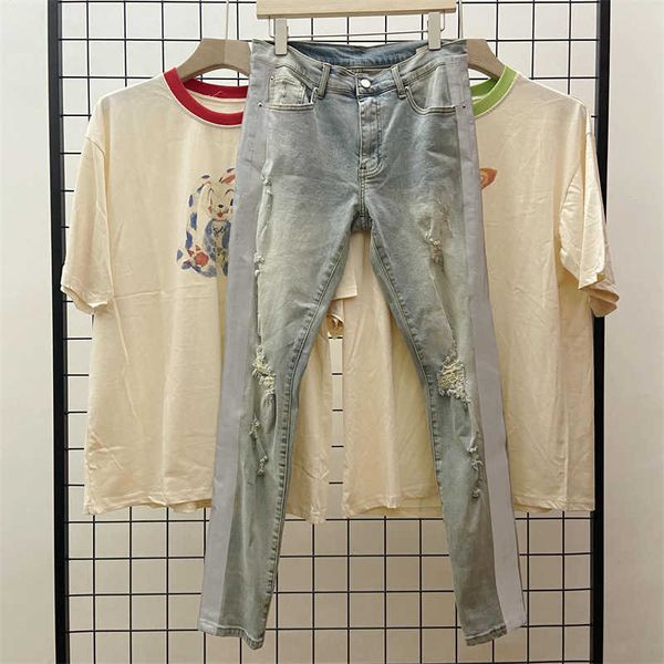 

men's jeans ins men's high street fashion reflective jeans trendy casual pants, Blue