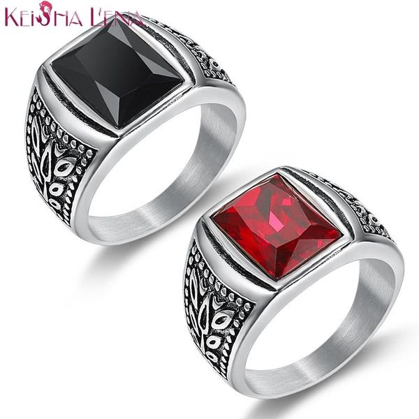 

cluster rings vintage men ring titanium stainless steel square red black green zircon stone finger punk hiphop male jewelry party gift, Golden;silver