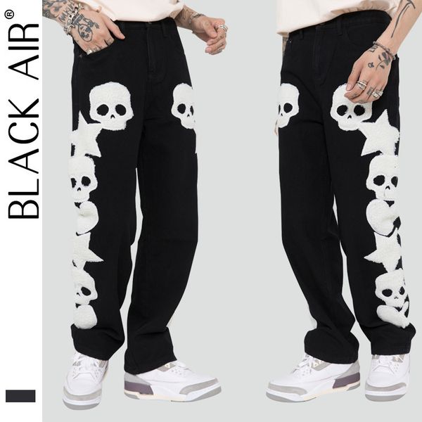 

blackair american fashion brand skull towel embroidered hip hop high street men's jeans straight neutral, Blue