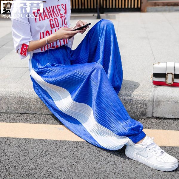 

women's pants & capris [ewq] 2021 summer korea loose high waist white patchwork purple wide leg thin pleated lantern track trousers qv3, Black;white