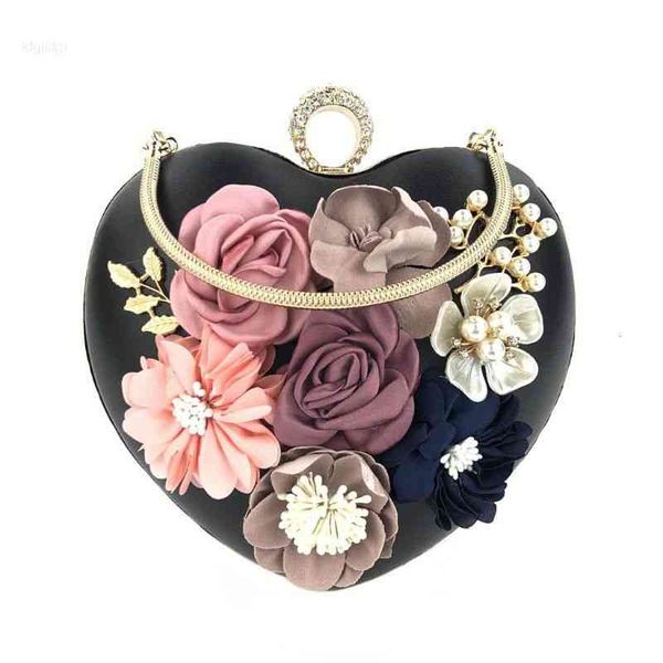 

women floral rhinestone leather clutch shoulder bags heart shaped purse evening party bridal handbag