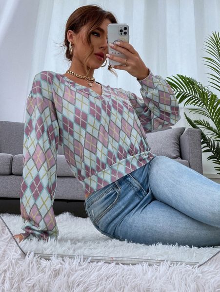 

argyle print drop shoulder pullover y11r#, White;black