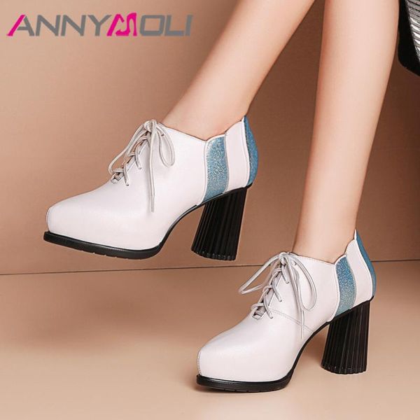 

dress shoes annymoli high heels women pumps natural genuine leather thick heel sheepskin mixed colors pointed toe female 39, Black