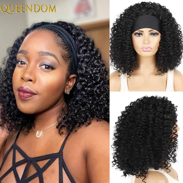 

short kinky curly headband wigs for women synthetic afro curls daily wigs with scarf heat resistant shoulder length turban wig, Black