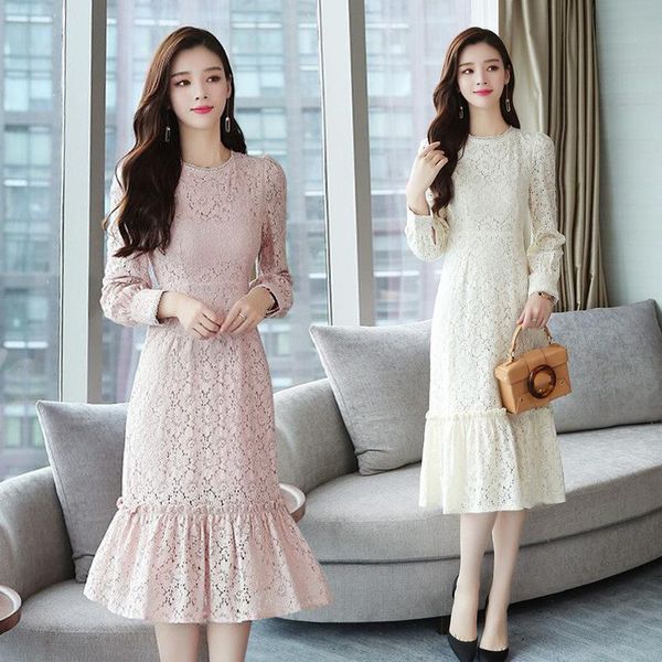 

autumn long-sleeved lace dress mid-length and winter base slim fashion casual dresses, Black;gray