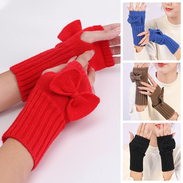 

five fingers gloves women stylish hand warmer winter bowknot finger outdoor girls arm crochet warm knitting mitten fingerless glove, Blue;gray