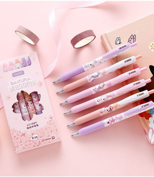 

pen yuepai cherry unicorn press neutral -6-pack black cute stationery for students lt-1227