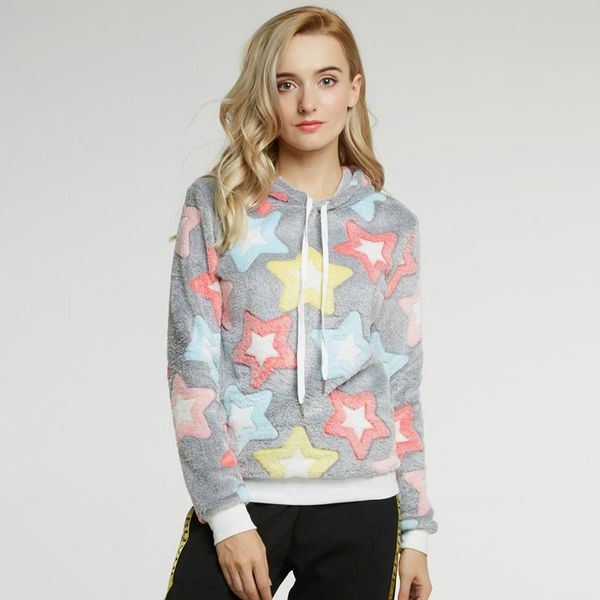 

women's hoodies & sweatshirts fall winter women fashion casual long sleeve coral fleece warm fluffy soft sweatshirt pullovers cute star, Black