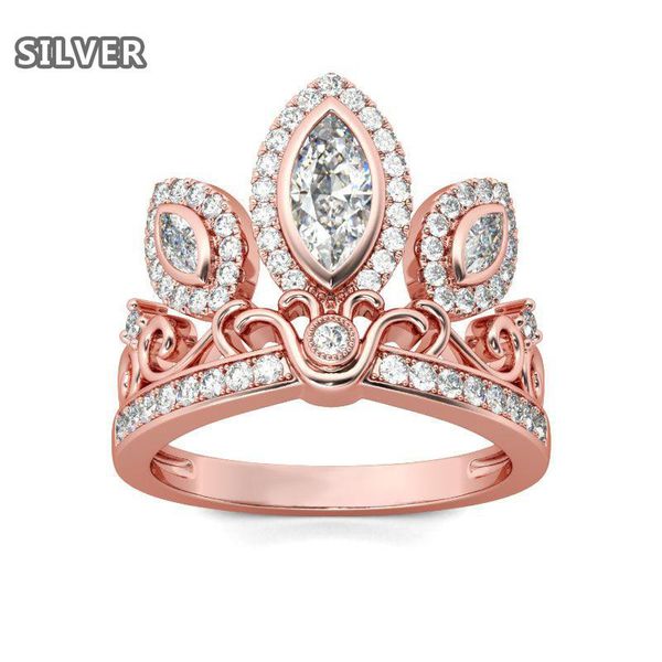 

cubic zirconia rose gold color crystal cz wedding rings crown jewelry for women girls leaves gift drop cluster, Golden;silver