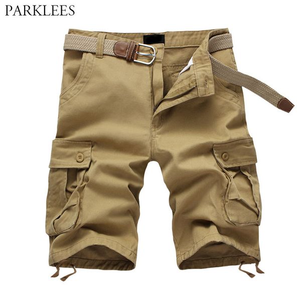 Homens Carga Shorts Baggy Multi Bolso Homens Calças Calças Militares Militares Soltos Curto Para Homens Grande Tamanho Sem Correia 210524