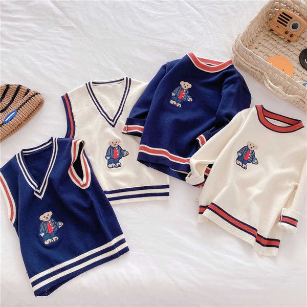

children's bear series knitted vest jacket for girls boys clothes 2021new baby kids autumn embroidered knitted sweater y1024, Blue