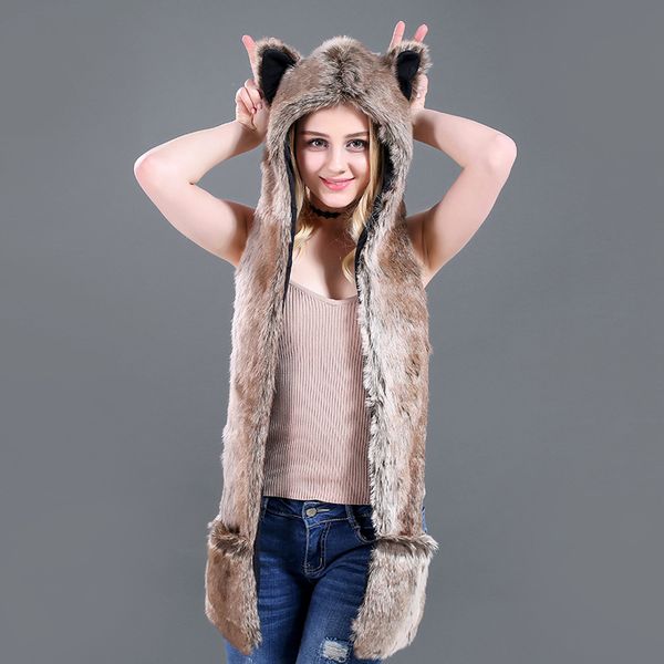 

winter european and american imitation fur hats plush animal hats cute cartoon hats scarf gloves one, Blue;gray
