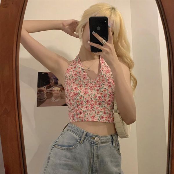 

women's tanks & camis women dresses for summer 2021 sleeveless floral prtined vest girls v-neck bandage exposed navel halter camisole, White