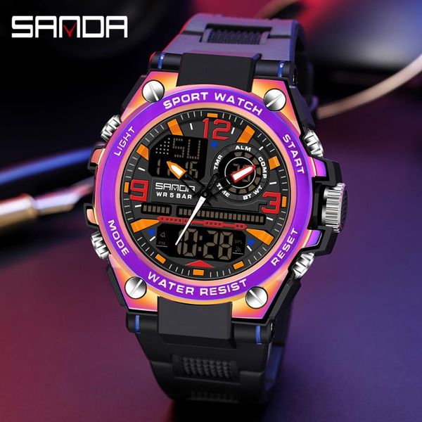 

wristwatches 2021 sanda colorful men's watches sport military waterproof wristwatch digital quartz watch for men clock relogio masculin, Slivery;brown
