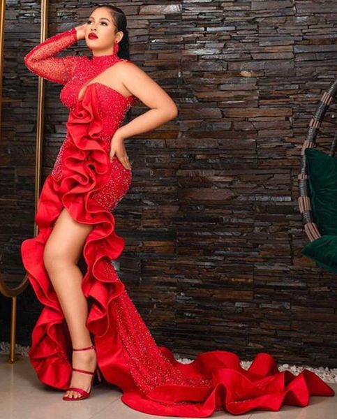 Aso Ebi 2021 arabo Plus Size rosso elegante sirena abiti da sera con paillettes alta spacco sexy prom festa formale secondo abiti di ricevimento ZJ065