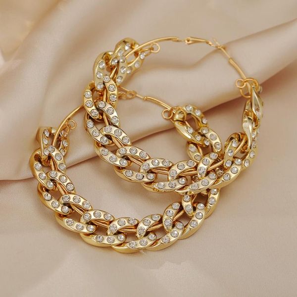 

trend crystal cuban link chain earrings for women unusual big hoop gold color circle earring jewelry & huggie, Golden;silver