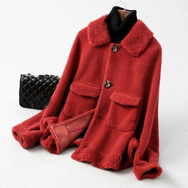 

women's fur & faux 2021 autumn winter wool real coat female sheep coats elegant jacket warm women a065, Black