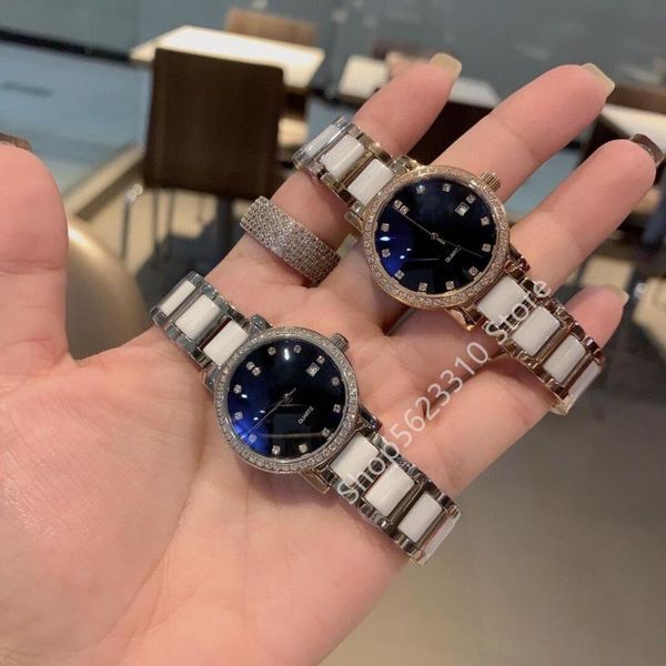 

wristwatches luxury women ceramic calendar watches stainless steel zircon quartz wrist watch rhinestone clock senior mother of pearl, Slivery;brown