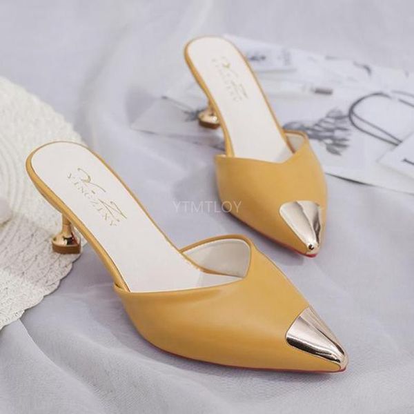 

women fashion black pu leather summer slip on high heel shoes ladies casual yellow comfortable zapatillas casa mujer slippers
