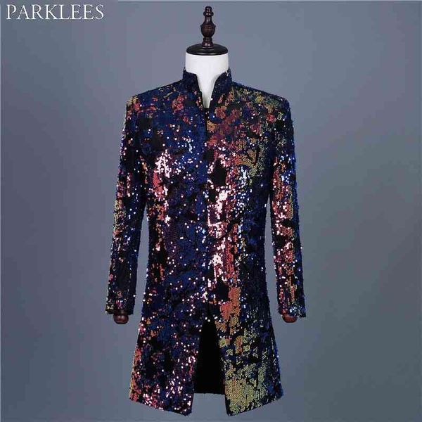 Mens Luxury Flipping Paillettes Shiny Blazer Marca Collo alla coreana Tuxedo Suit Blazer Uomo Party Show Prom Costumi per cantanti 210522